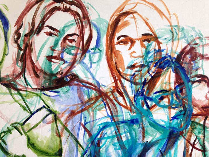 detail of nearly finished drawing, faces