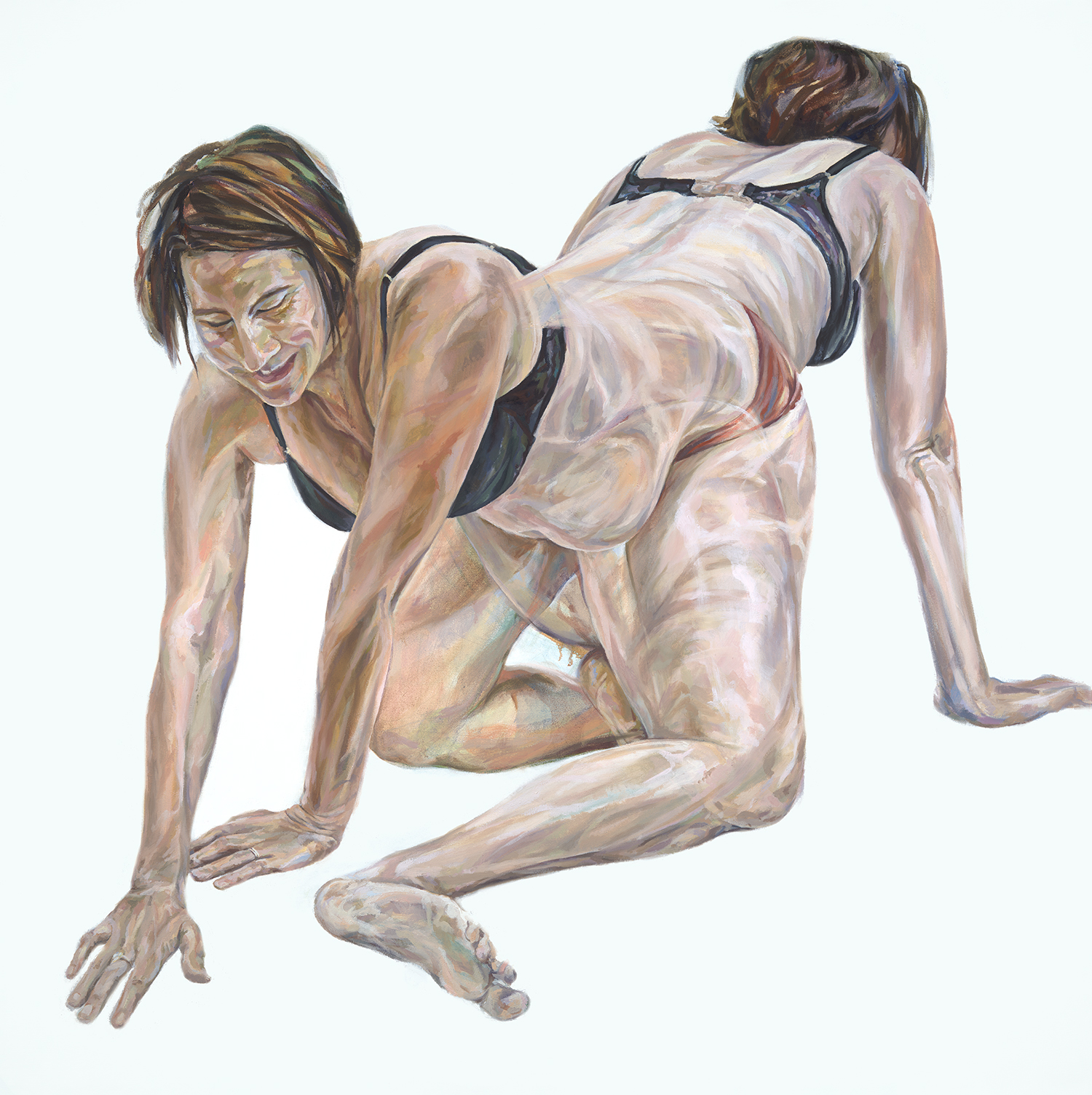 Oil painting of 2 overlapping figures of nude pregnant woman