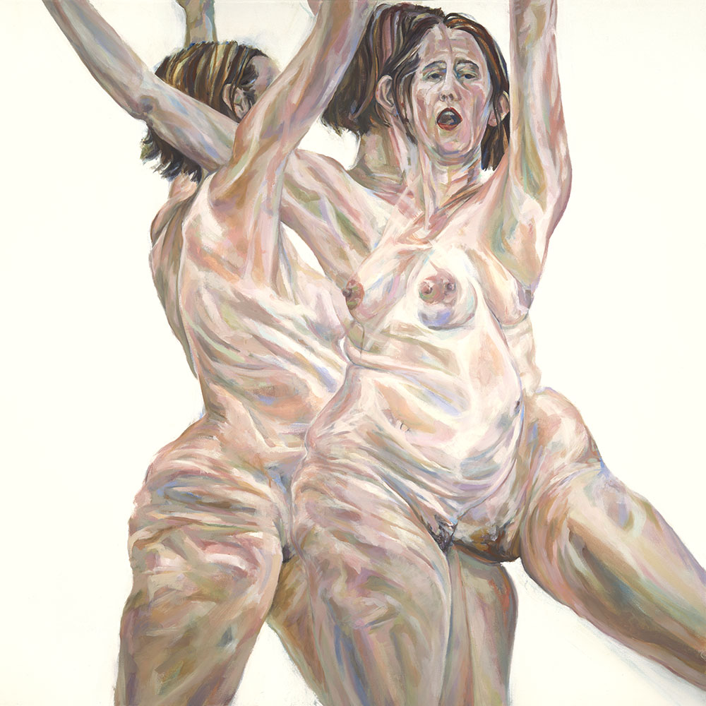 Oil painting of 3 overlapping figures of nude pregnant woman