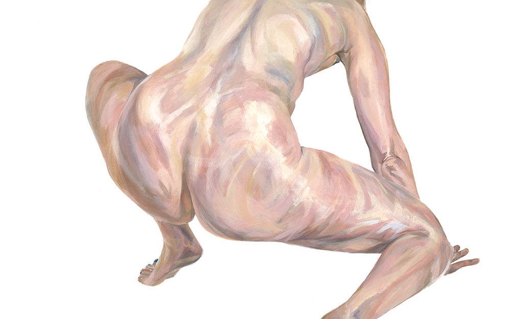 Oil painting, nude female figure crouched