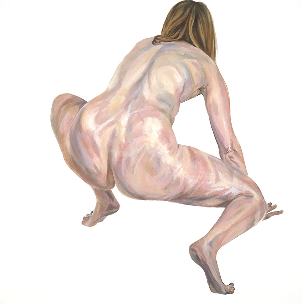 Oil painting, nude female figure crouched