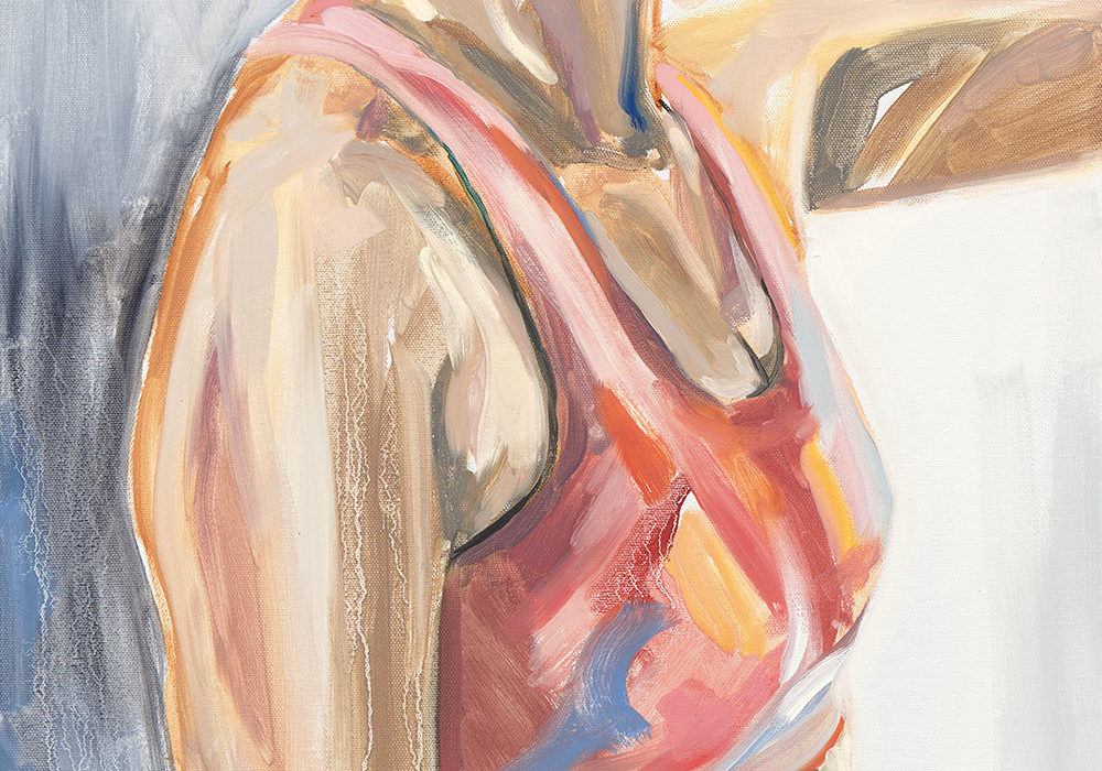 oil painting of self wearing pink sports bra, after MRI biopsies.