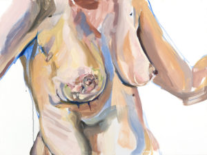 Oil painting of my breasts and torso a week or so after surgery, pen marks still visible under breast.