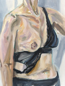 oil painting showing torso, one bare breast, pretty healed after surgery. With black bra half off.