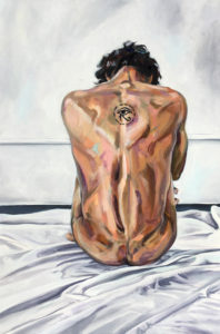 life-size oil painting of naked young man's back, showing tattoo.