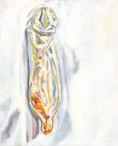 small oil painting of condom hanging on wall containing cheeto and having pubic hair hanging off the open end.