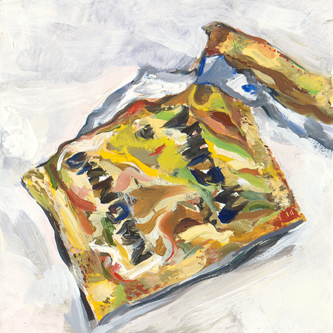 small oil painting of opened, gold colored condom package