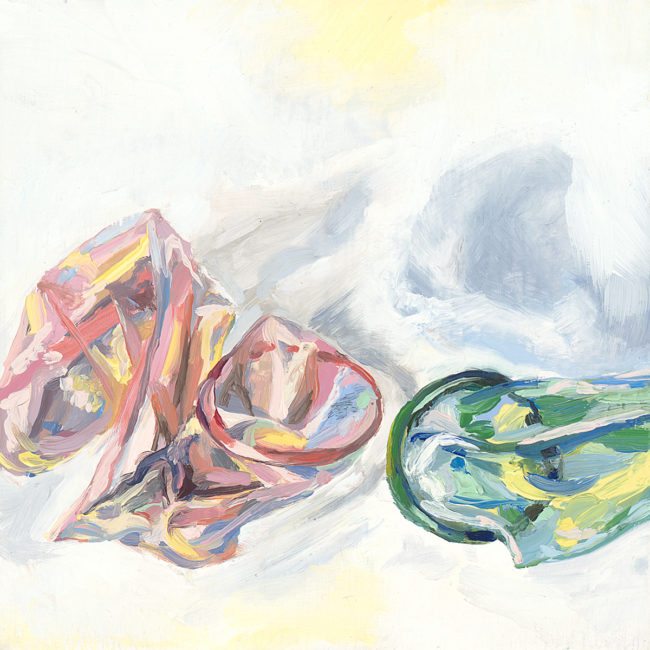 small oil painting of pink and green condoms next to each other