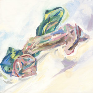 small oil painting of pink and green condom intertwined