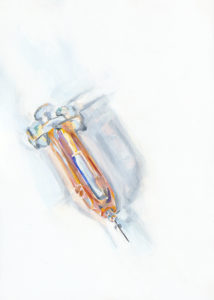 5 in x 7 in oil on panel painting of single use injection needle