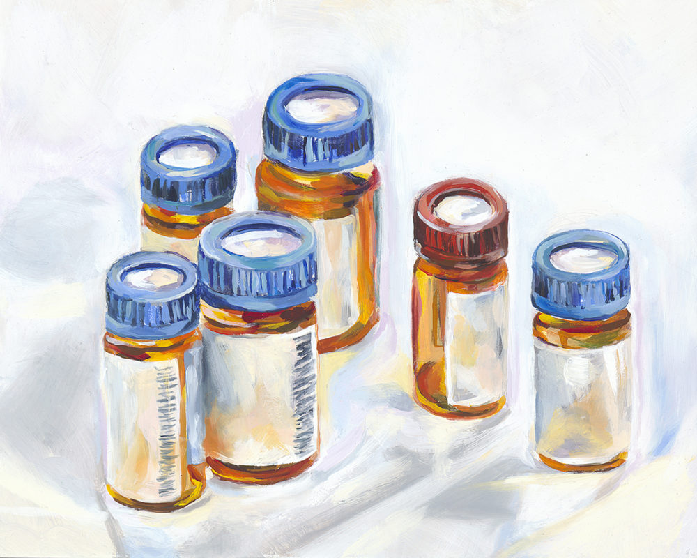 oil painting of prescription pill bottles