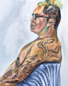 oil painting of man in profile, wearing glasses, showing phoenix tattoo and sitting in chair with blue blanket over it.
