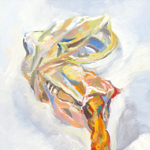 small oil painting of crumpled condom, broken at end with cheeto protruding from it