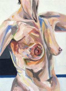 Self portrait, oil painting of my upper body, showing radiation mark on left breast.