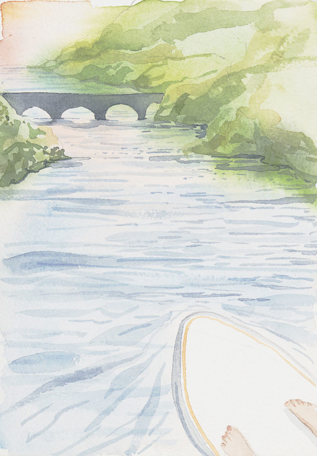 Watercolor painting of paddbleboard, feet, river and bridge