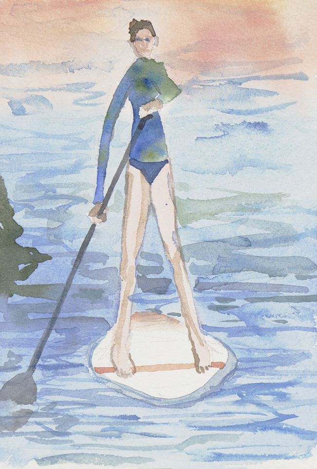 watercolor of woman doing Stand Up Paddling on Danube River