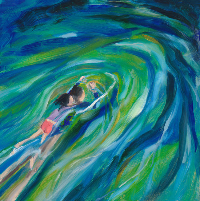 Painting of woman swimming with child on her back in night pool